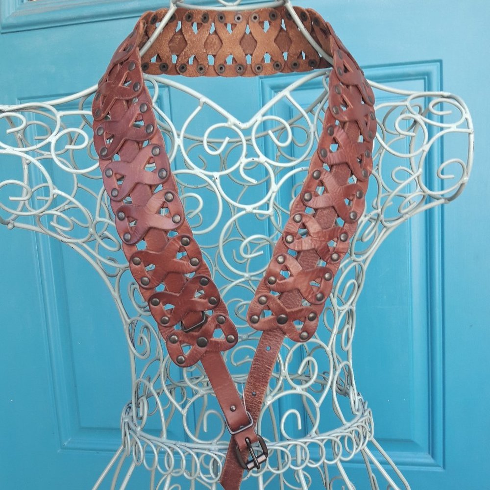 Real Leather Belt Bohemian Metal Studded Woven Genuine Leather Wide Belt Womens